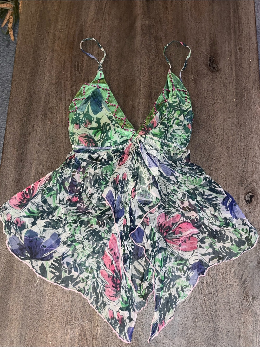 Y2K Fairycore Nolita Floral Beaded Asymmetrical Butterfly Tank